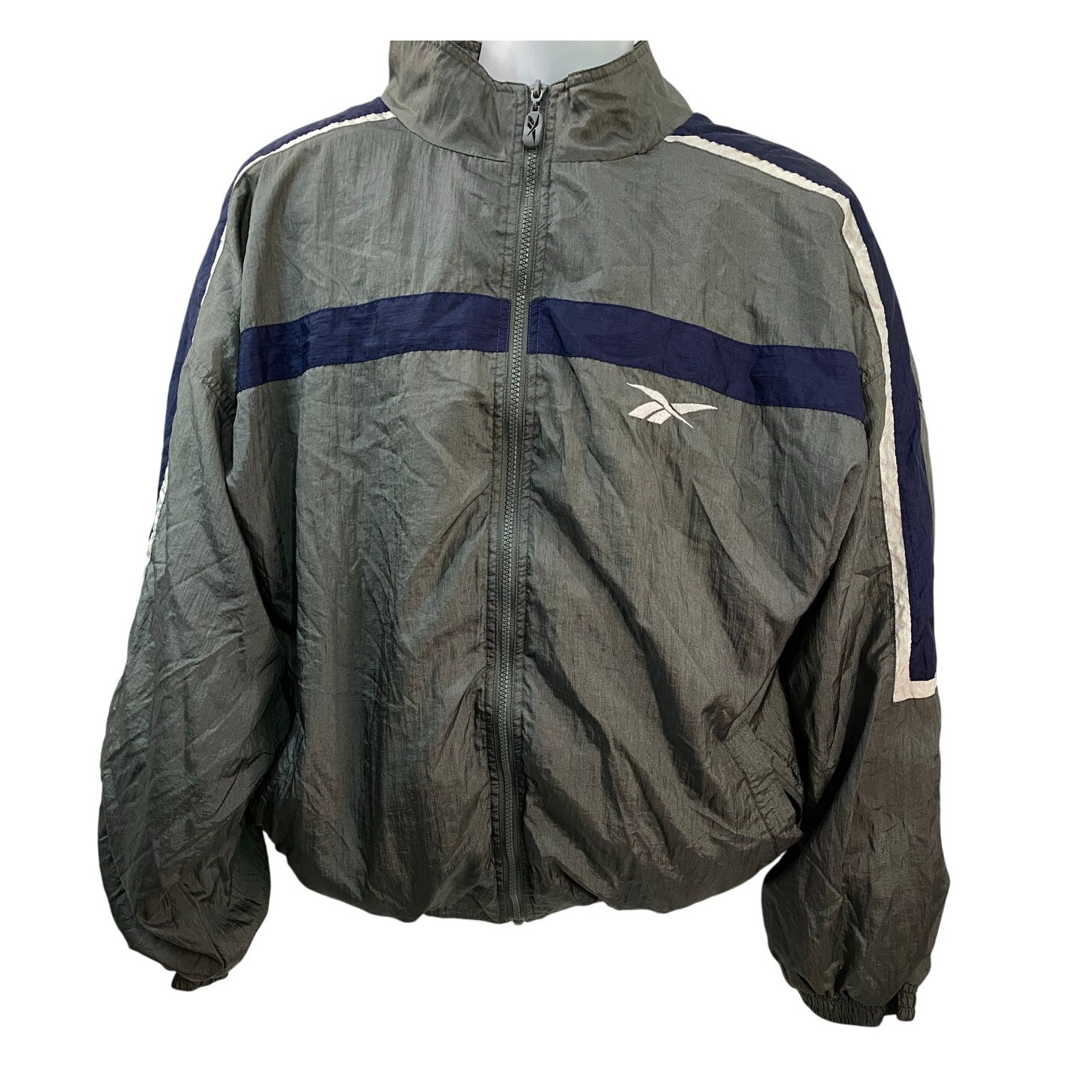 Reebok Track Jacket Gray/Blue Size L Zip Front Athletic Cut